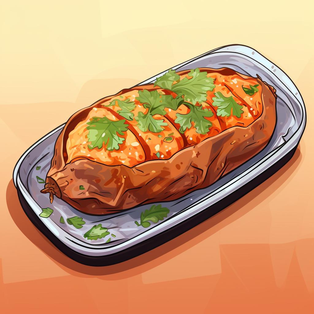 A baked sweet potato on a baking sheet.